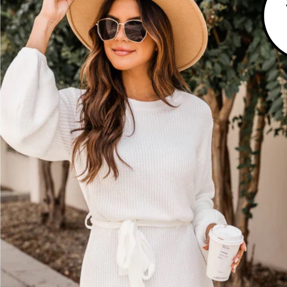 White belted sweater dress